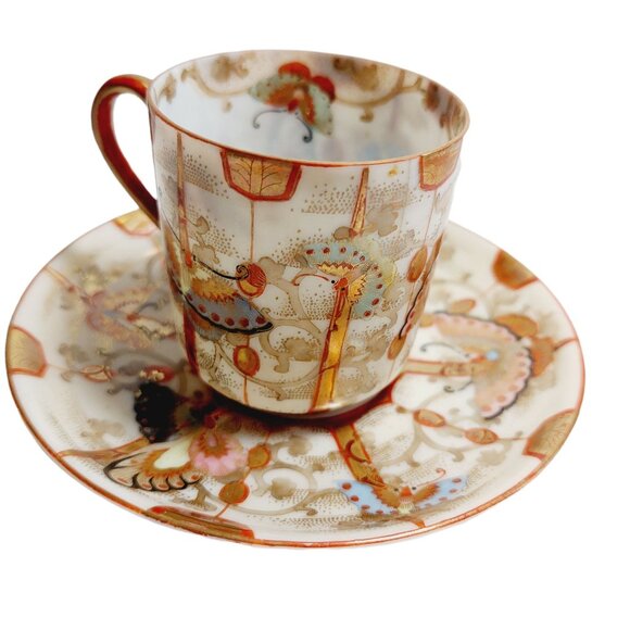 Vintage 1930s Butterfly Teacup & Saucer Set Japanese Eggshell Porcelain Miniatur - Picture 5 of 14